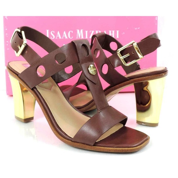 Isaac Mizrahi Sasha Metallic Heels Ankle Strap Sandal Studs Brown Size 7.5 - Picture 1 of 8